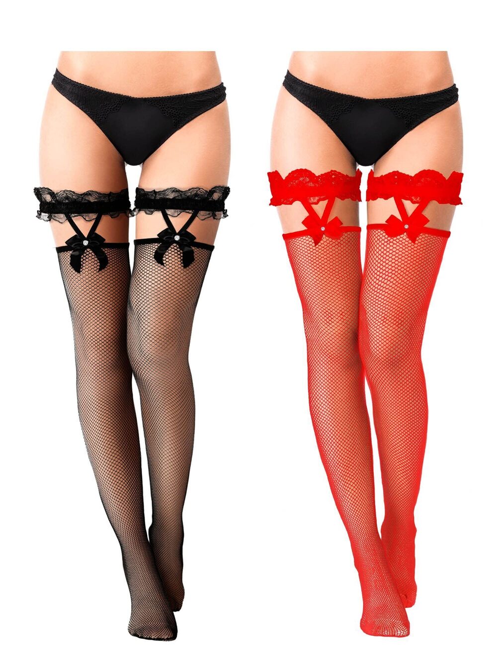 8361 2 Pairs Thigh High Fishnet Stockings Lace Bow Suspenders Hold up